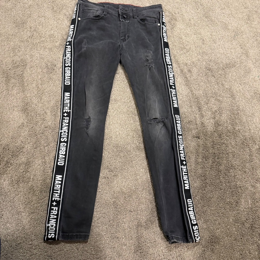 MARITHE+FRANCOIS GIRBAUD Distressed Black Jeans‎ Mens Logo Tape Slim Fit